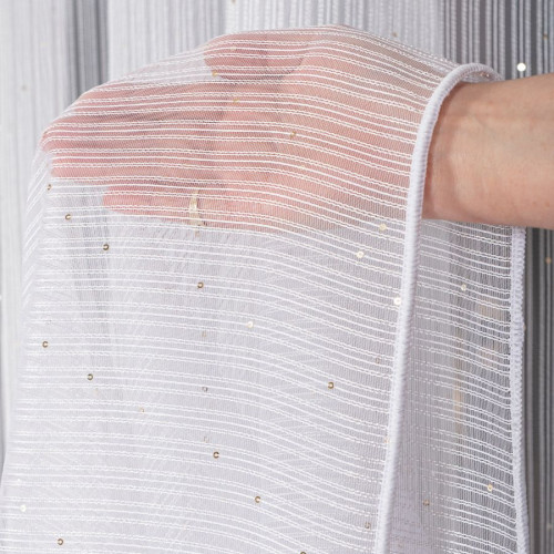 Długa biała firana z ołowianką do salonu, ozdobiona złotymi cekinami, do szyny sufitowej, wysokość do 290 cm, Eleni - szyta na wymiar