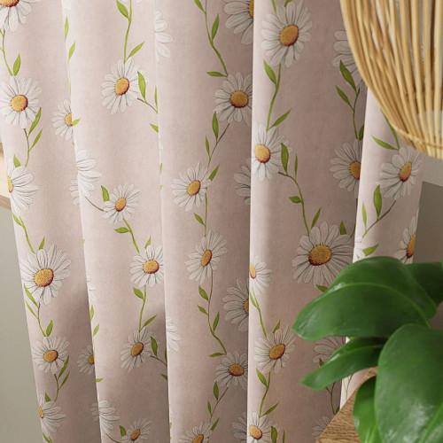 Zasłona welurowa, drukowana w odcieniu beżowym na taśmie marszczącej, szerokość do 165 cm, Stokrotka - szyta na wymiar