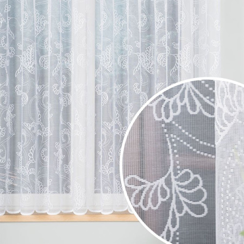 Krótka gotowa firanka żakardowa z kwiatowym wzorem po całości, kolor biały, oferowana w dwóch rozmiarach