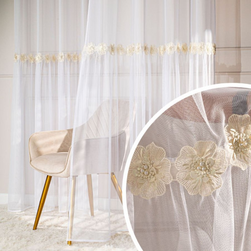 Firana gotowa na przelotkach, batyst z kwiatami 3D i perełkami 140x250 cm Isen