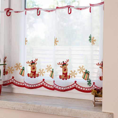 Świąteczna zazdrostka batystowa z kolorowym haftem, dostępna w dwóch wysokościach - sprzedawana na metry