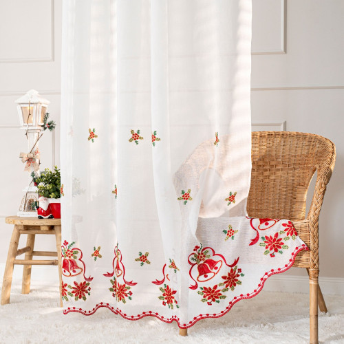 Gotowa świąteczna firana do salonu na przelotkach, biały batyst z haftem, rozmiar 140x250 cm, Holly