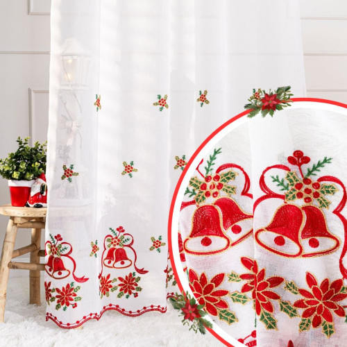 Długa świąteczna firana do salonu, biały batyst z haftem, wysokość 280 cm - sprzedawana na metry