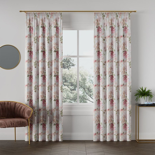 Welwetowy materiał na zasłony w pastelowe kwiaty, kolor różowy, szerokość 150 cm, Howera - sprzedawany na metry