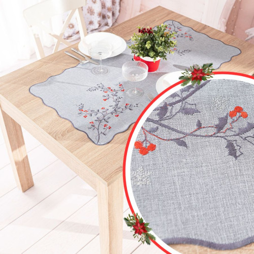 Bieżnik w kolorze szarym ze świątecznym haftem, dwa rozmiary, Jarzębinowy Blask