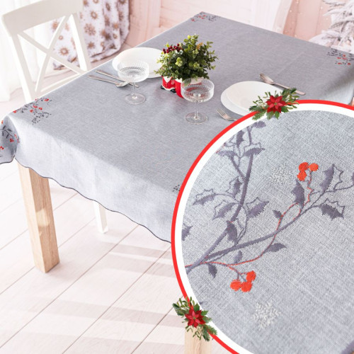 Obrus w kolorze szarym ze świątecznym haftem, kilka rozmiarów, Jarzębinowy Blask