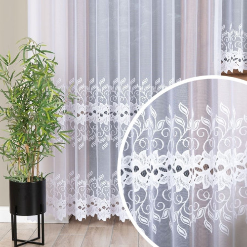 Firanka żakardowa długa, gotowa, wykończona dołem na prosto, kolor biały, wysokość 250 cm, szerokość 200 i 300 cm, Bastia