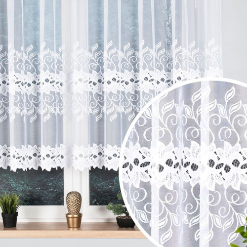 Krótka firanka żakardowa ze wzorem w liście, kolor biały, oferowana w kliku wysokościach - sprzedawana na metry