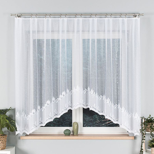 Krótka gotowa firanka żakardowa, kolor biały z roślinnym wzorem, rozmiar 310x160 cm, Kamelia