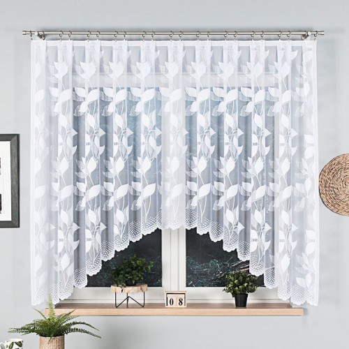 Wzorzysta krótka firanka żakardowa w liście, wykończona łukiem, rozmiar 320x160 cm, Martyna