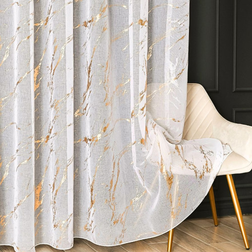 Firana do salonu, kolor biały ze złotymi zdobieniami, z ołowianką, na taśmie marszczącej, Złoty marmurek - szyta na wymiar