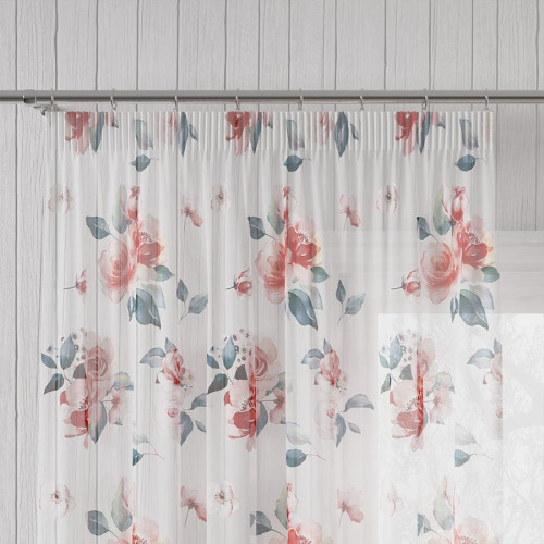 Dekoracyjna zasłona woalowa, drukowana w kwiaty, kolor czerwony, szerokość 140 cm, Lanosa, - sprzedawana na metry