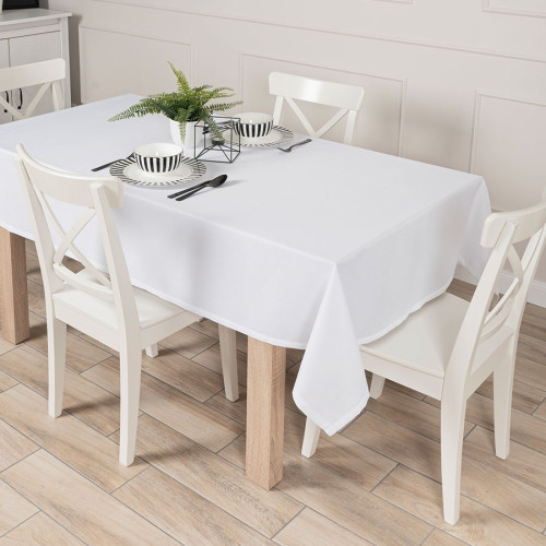 Gotowy obrus z tkaniny wodoodpornej o fakturze płótna, wykończony listwą, oferowany w kilku rozmiarach, kolor biały, Aruba