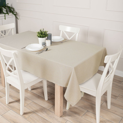 Gotowy obrus z tkaniny wodoodpornej o fakturze płótna, wykończony listwą, oferowany w trzech rozmiarach, kolor beżowy, Aruba
