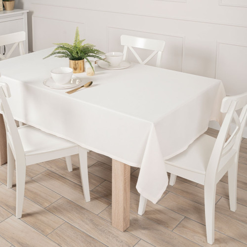 Gotowy obrus z tkaniny wodoodpornej o fakturze płótna, wykończony listwą, oferowany w trzech rozmiarach, kolor kremowy, Aruba