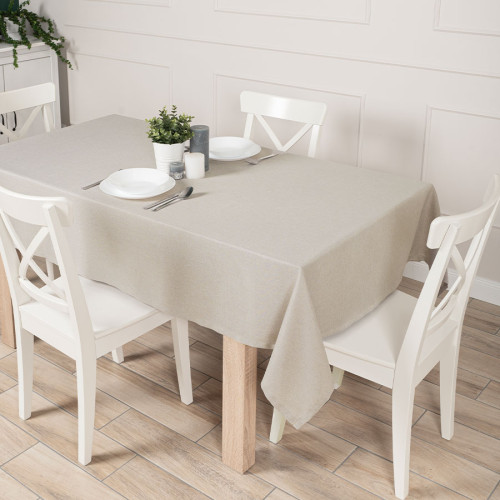 Gotowy obrus z materiału wodoodpornego o fakturze płótna, wykończony listwą, kolor beżowo-szary, oferowany w trzech rozmiarach, Aruba