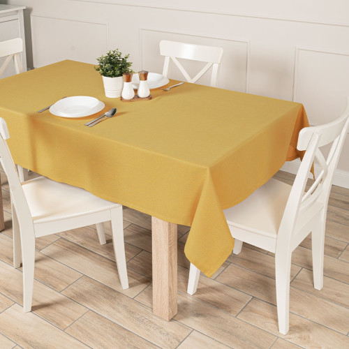 Gotowy obrus z tkaniny wodoodpornej o fakturze płótna, wykończony listwą, oferowany w trzech rozmiarach, kolor musztardowy, Aruba