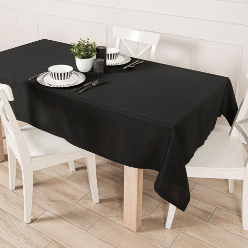 Gotowy obrus z tkaniny wodoodpornej o fakturze płótna, wykończony listwą, oferowany w trzech rozmiarach, kolor czarny, Aruba