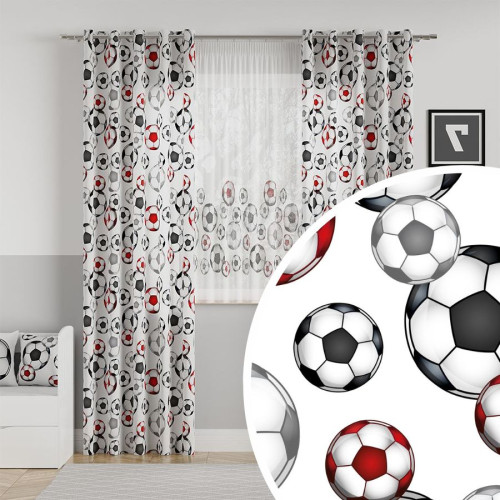 Welurowy materiał na zasłony z czerwono-czarnym nadrukiem, szerokość 165 cm, Futbol, Piłka - sprzedawany na metry