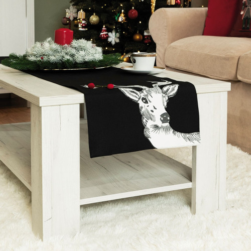Czarny bieżnik z nadrukiem renifera w tonacji biało-szarej, rozmiar 35x140 cm, Rudolf