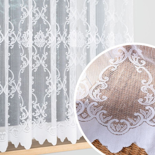 Krótka firanka żakardowa ze wzorem ornamentowym po całości, kolor biały, oferowana w dwóch wysokościach - sprzedawana na metry