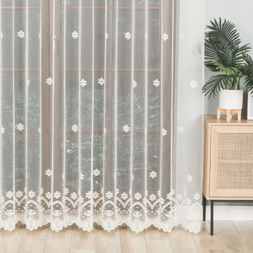 Długa firana żakardowa z delikatnym wzorem kwiatowym, kolor kremowy, wysokość 250 cm - sprzedawana na metry