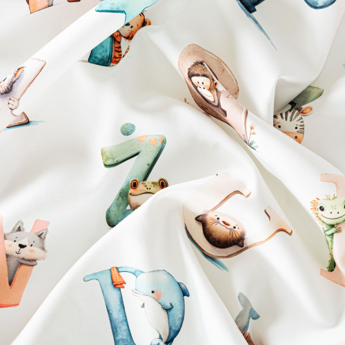 Welurowy materiał na zasłony do pokoju dziecięcego drukowany szerokość 150 cm Alfabet - sprzedawana na metry