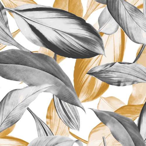 Tkanina, firana o strukturze lnu w musztardowo-szare liście, wysokość 190 cm, Peruga - sprzedawana na metry