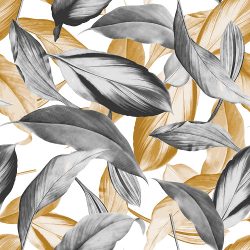 Welurowy materiał na zasłony drukowany w liście musztardowo-szare, szerokość 150 cm Peruga - sprzedawany na metry