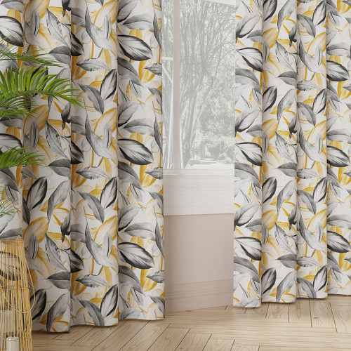 Tkanina zasłonowa z bawełny, drukowana w liście, kolor żółto-szary, szerokość: 142 cm, Peruga - sprzedawana na metry