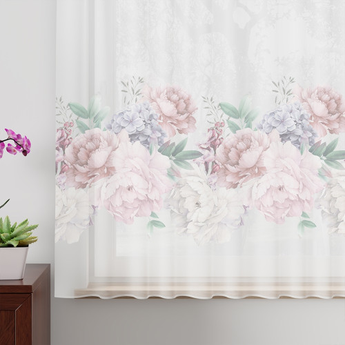 Firanka woalowa z ołowianką drukowana w kolorowe piwonie, kolor różowy, wysokość 157 cm, Peoni - sprzedawana na metry 