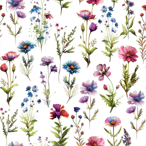 Biała tkanina zasłonowa z kolorowym drukiem, szerokość 150 cm, Kwiaty polne - sprzedawana na metry