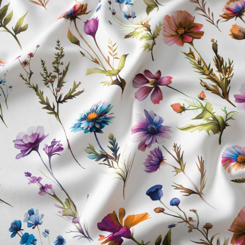 Półzaciemniający welurowy materiał na zasłony, biały z kolorowym nadrukiem, szerokość 165 cm, Kwiaty polne - sprzedawany na metry