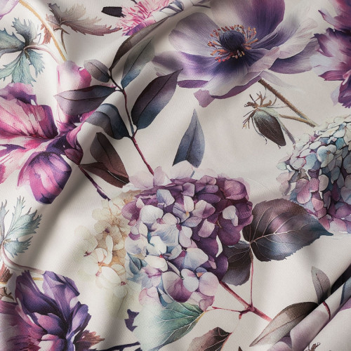 Tkanina zasłonowa na metry z weluru z motywem fioletowych kwiatów, szerokość 150 cm