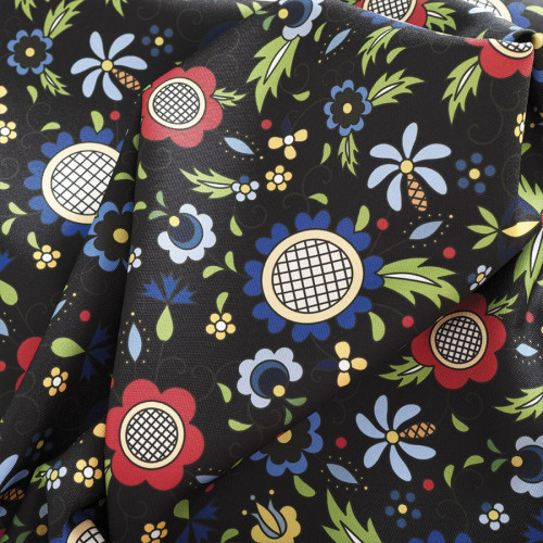 Czarna tkanina wodoodporna na obrus, lub zasłony tarasowe, z kolorowym nadrukiem, szerokość 160 cm, Kasbi - sprzedawana na metry