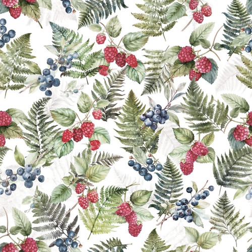 Wodoodporny materiał na obrusy lub zasłony, białe tło z kolorowym nadrukiem, szerokość 160 cm, Leśne runo - sprzedawany na metry