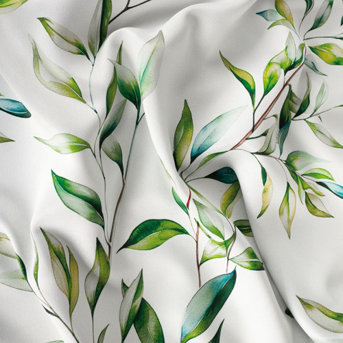 Tkanina zasłonowa typu blackout,  kolor biały z zielonym nadrukiem, szerokość 145 cm, Liście - sprzedawana na metry
