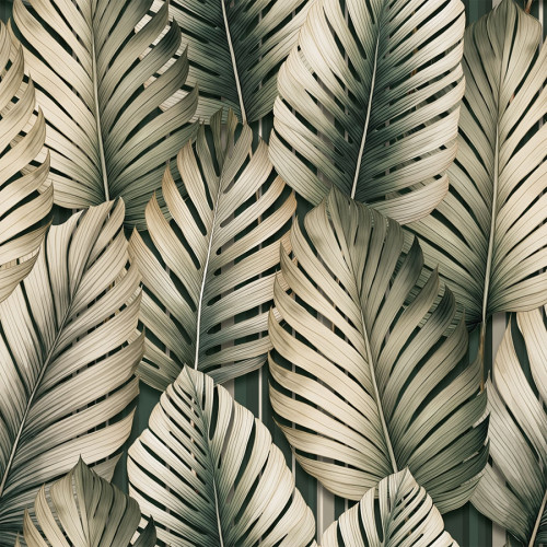 Zaciemniający materiał na zasłony, kolor ciemnozielony z nadrukiem w liście, wysokość 300 cm, Tropicana - sprzedawana na metry