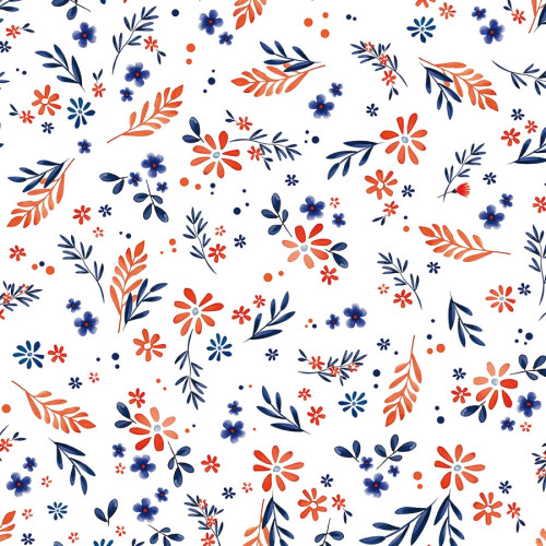 Tkanina wodoodporna biała z nadrukiem kwiatowym w tonacji granatowo-czerwonej, szerokość 145 cm, Wiosenne kwiatuszki - sprzedawana na metry