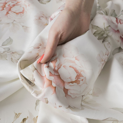 Welurowy materiał na zasłony, kolor biały z kwiatowym nadrukiem, szerokość 165 cm, Valeria - sprzedawany na metry