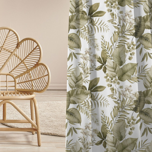 Welurowy materiał na zasłony w kolorze białym z jasnozielonym nadrukiem, szerokość 165 cm, Ligiero - sprzedawany na metry