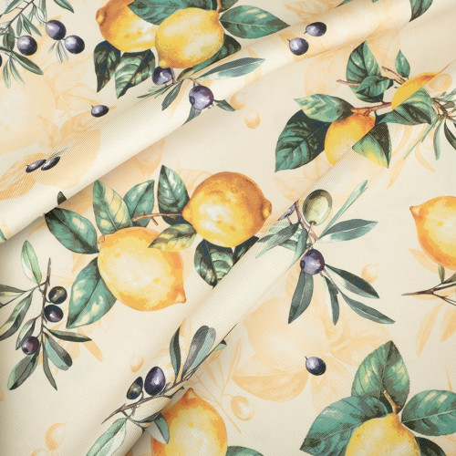 Wodoodporna tkanina dekoracyjna na obrusy lub zasłony, owocowy nadruk, szerokość 145 cm, Citrus - sprzedawana na metry