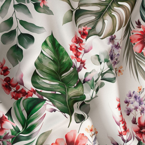 Zaciemniający materiał na zasłony, Luca, szerokość 145 cm, kolor biały z kwiatowym nadrukiem - sprzedawana na metry