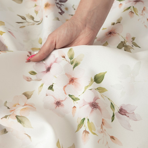 Wodoodporna tkanina na obrusy lub zasłony, biała z nadrukiem kwiatowym, szerokość 160 cm, Alesia - sprzedawana na metry