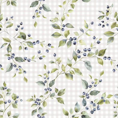 Wodoodporny materiał na obrusy z jednostronnym nadrukiem w tonacji biało-zielonej, szerokość 160 cm, Jagody - sprzedawany na metry 