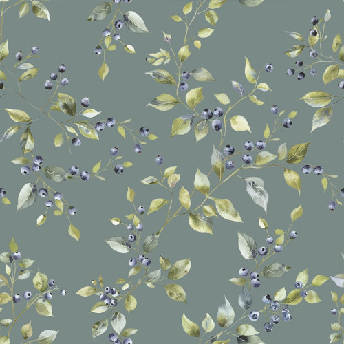 Wodoodporny materiał na obrusy z jednostronnym nadrukiem w tonacji szaro-zielonej, szerokość 160 cm, Jagody - sprzedawany na metry 