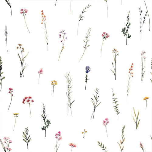 Welurowy materiał na zasłony, kolor biały z nadrukiem polnych kwiatów,  szerokość 150 cm, Ingrid - sprzedawany na metry
