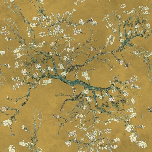 Welwetowy materiał na zasłony, drukowany w odcieniu szafranowym, szerokość 150 cm, Kwitnący migdałowiec - sprzedawany na metry