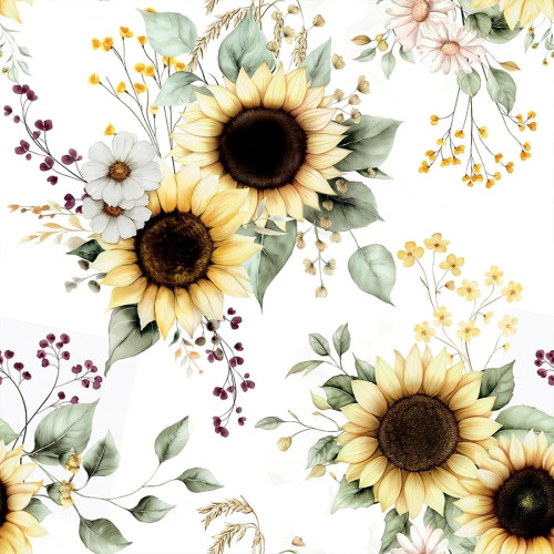Wodoodporny materiał na obrusy lub zasłony, biały z kolorowym nadrukiem, szerokość 160 cm, Słoneczniki - sprzedawana na metry