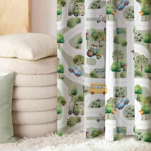 Zasłona do pokoju dziecięcego na taśmie, Ulice z autami kolor szałwiowy - szyta na wymiar